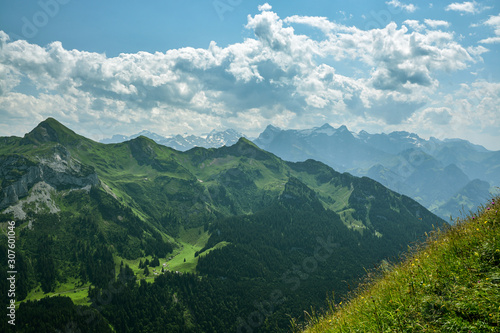 Beautiful view on Swiss Alps as seen from the ridge above the Stoos village