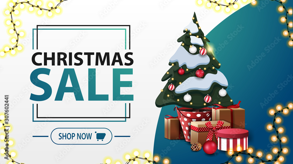 Christmas sale, white and blue discount banner in minimalistic style with garland and Christmas tree in a pot with gifts
