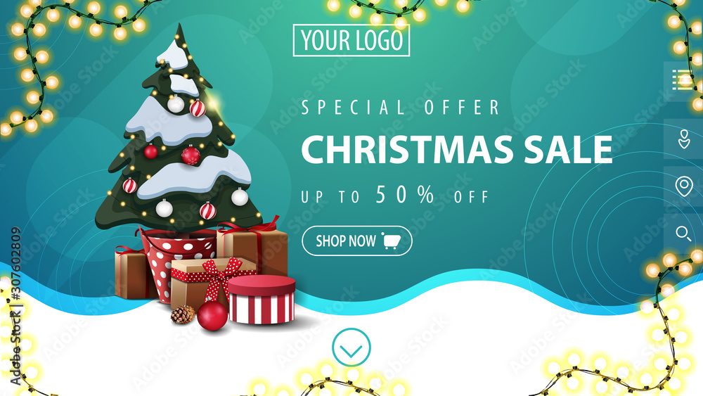 custom made wallpaper toronto digitalSpecial offer, Christmas sale, up to 50% off, white and blue discount banner with garland, wavy line and Christmas tree in a pot with gifts