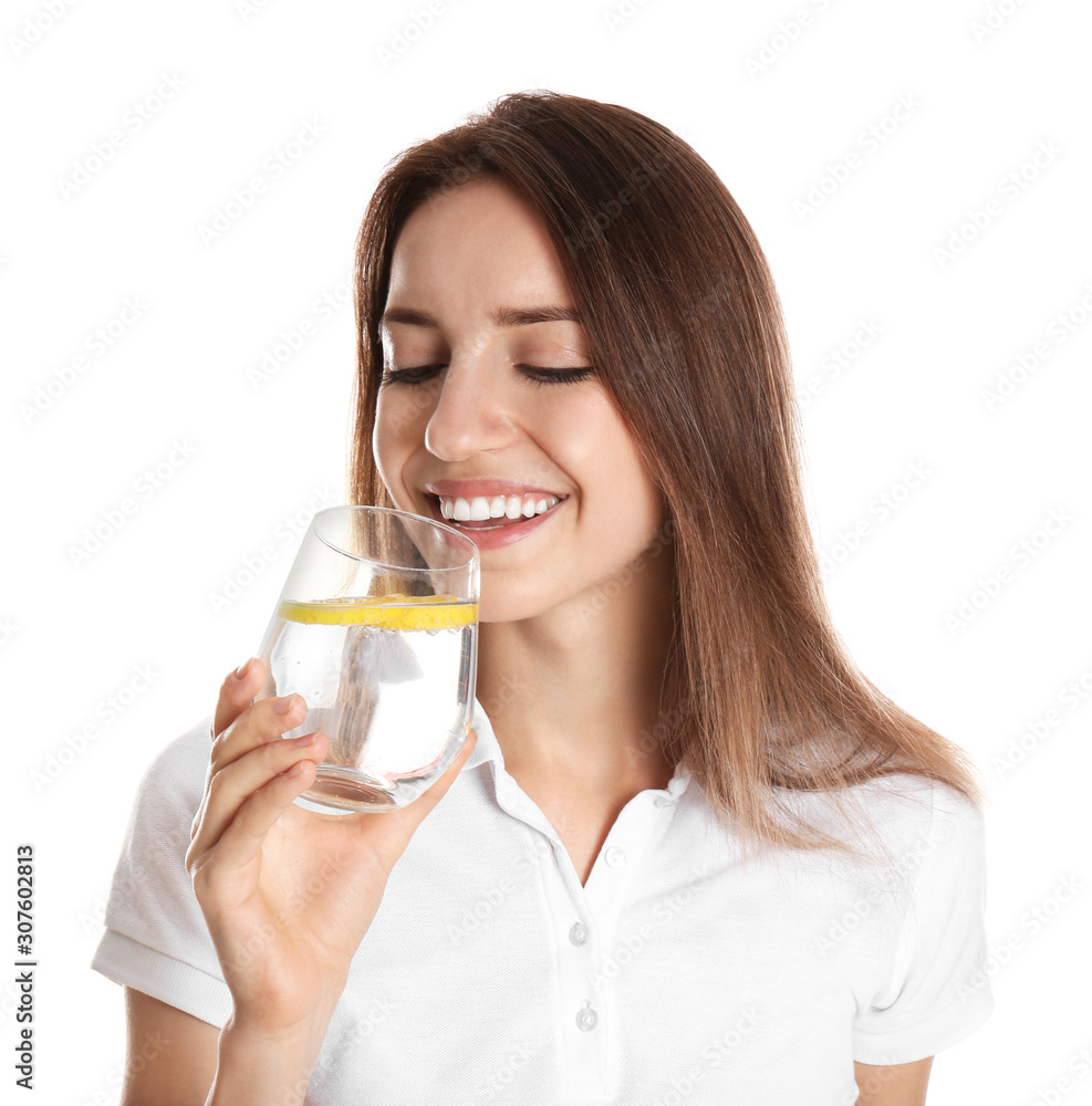 Young woman drinking lemon water on white background Young woman drinking lemon water on white background