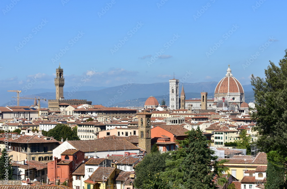 Florence cityscape with the Palazzo Vecchio and the Cattedrale di Santa Maria del Fiore with the Campanile di Giotto and Brunelleschis Dome. Italy.