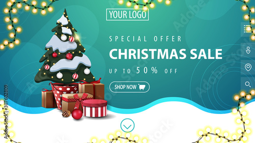 Wallpaper Mural Special offer, Christmas sale, up to 50% off, white and blue discount banner with garland, wavy line and Christmas tree in a pot with gifts Torontodigital.ca
