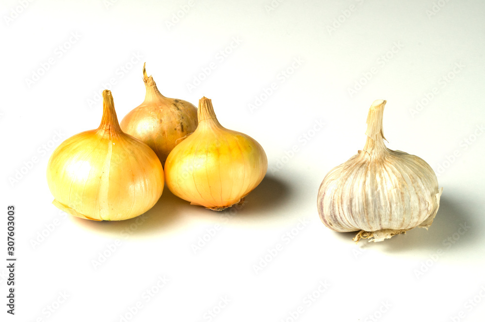 onion and garlic on white background, close-up onion and garlic on white background, close-up
