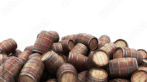 Photos Wooden barrels pile isolated on white background 3d illustration