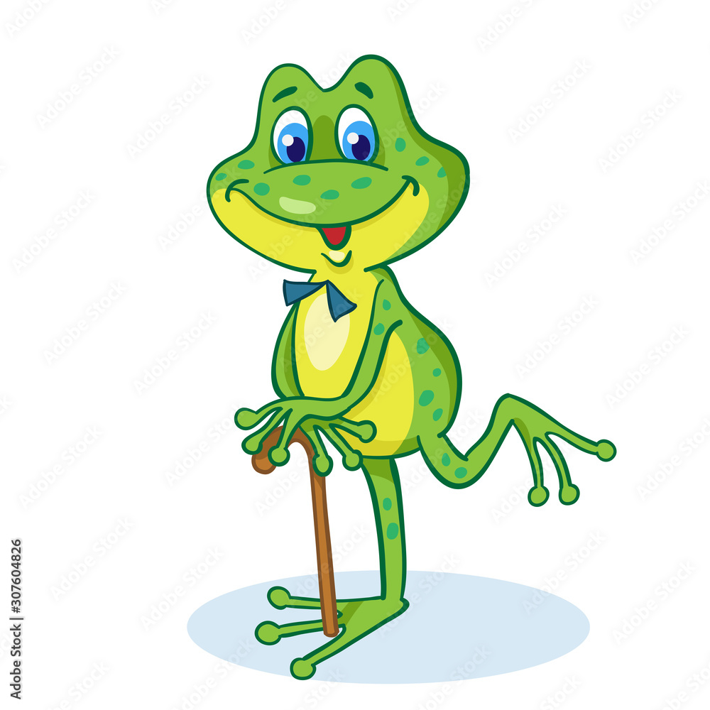 A little elegant frog stands leaning on walking stick. In cartoon style. Isolated on white background. Vector illustration.