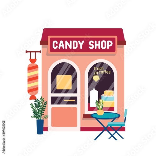 Candy shop flat vector illustration. Confectionery store facade with cake at showcase isolated on white background. Sweets selling concept. Modern coffeehouse exterior with table on street.