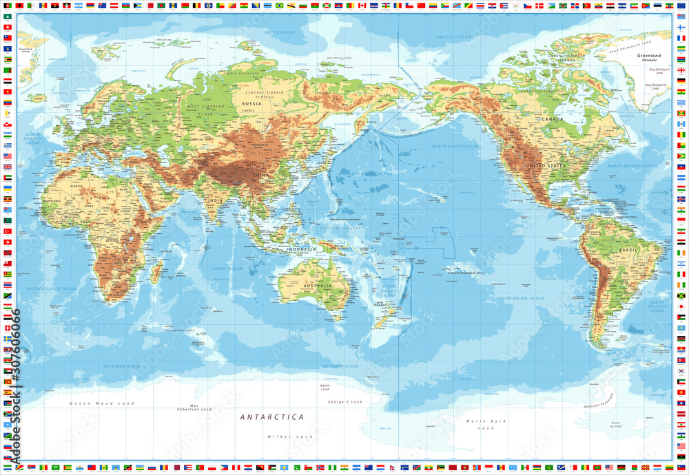 Naklejka Mapa świata i flagi - widok Pacyfiku - fizyczna topografia - szczegółowa ilustracja wektorowa