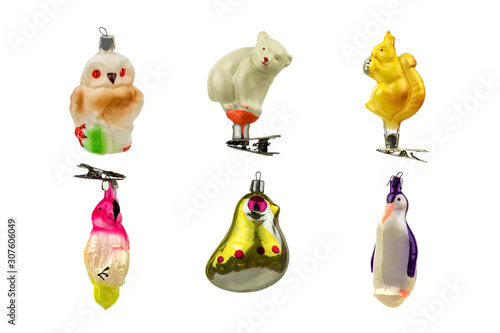 A set of old Soviet New Year's toys from figures of animals and birds / vintage Christmas-tree decorations for the holiday Christmas and New Year