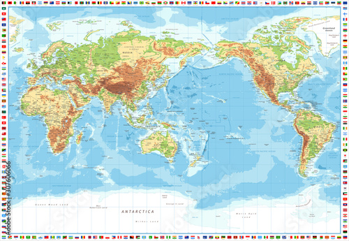 Fototapeta Naklejka Na Ścianę i Meble -  World Map and Flags - Pacific View - Physical Topographic - Vector Detailed Illustration