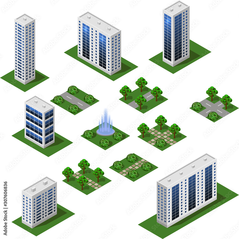 Isometric city set. Urban landscape 3d elements to design cityscape. Big modern buildings, street, trees, town garden. Vector illustration