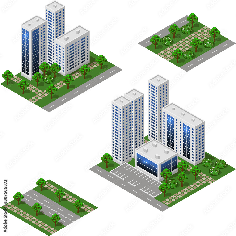 Isometric city set. Urban landscape 3d elements to design cityscape. Big modern buildings, street, trees, town garden. Vector illustration Isometric city set. Urban landscape 3d elements to design cityscape. Big modern buildings, street, trees, town garden. Vector illustration