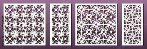 Laser cut pamels template, vector set. Abstract geometric pattern. Stencils, die for metal cutting, paper art, fretwork, wood carving, card background, wall panel design.