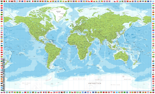 World Map and Flags - Physical Topographic - Vector Detailed Illustration