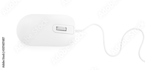 Modern wired optical mouse isolated on white, top view