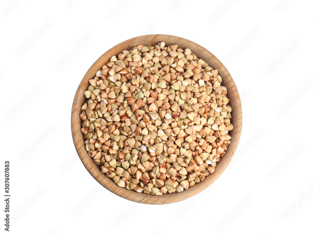 Green buckwheat in bowl isolated on white, top view Green buckwheat in bowl isolated on white, top view