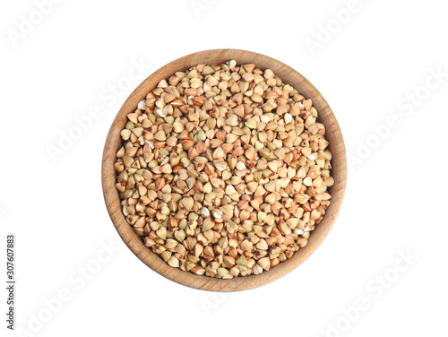 Green buckwheat in bowl isolated on white, top view