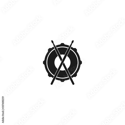 Vector logo of rock school or rock band. Snare drum with drumsticks. Rock music label.