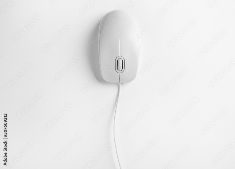 Modern wired optical mouse on white background, top view Modern wired optical mouse on white background, top view