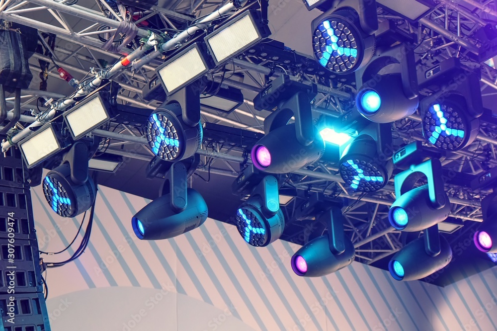 Set of professional stage lighting equipment for gig illumination