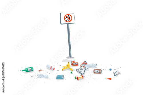 Isolated trash on the ground with no littering sign. Dirty forbidden pollution. Plastic garbage disposed improperly throwing away on the ground. Fallen rubbish on white background.