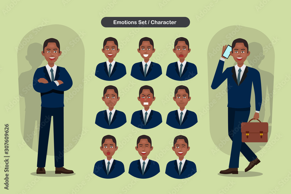 Set of business man facial different expressions. Man emoji character. Vector illustration. Set of business man facial different expressions. Man emoji character. Vector illustration.