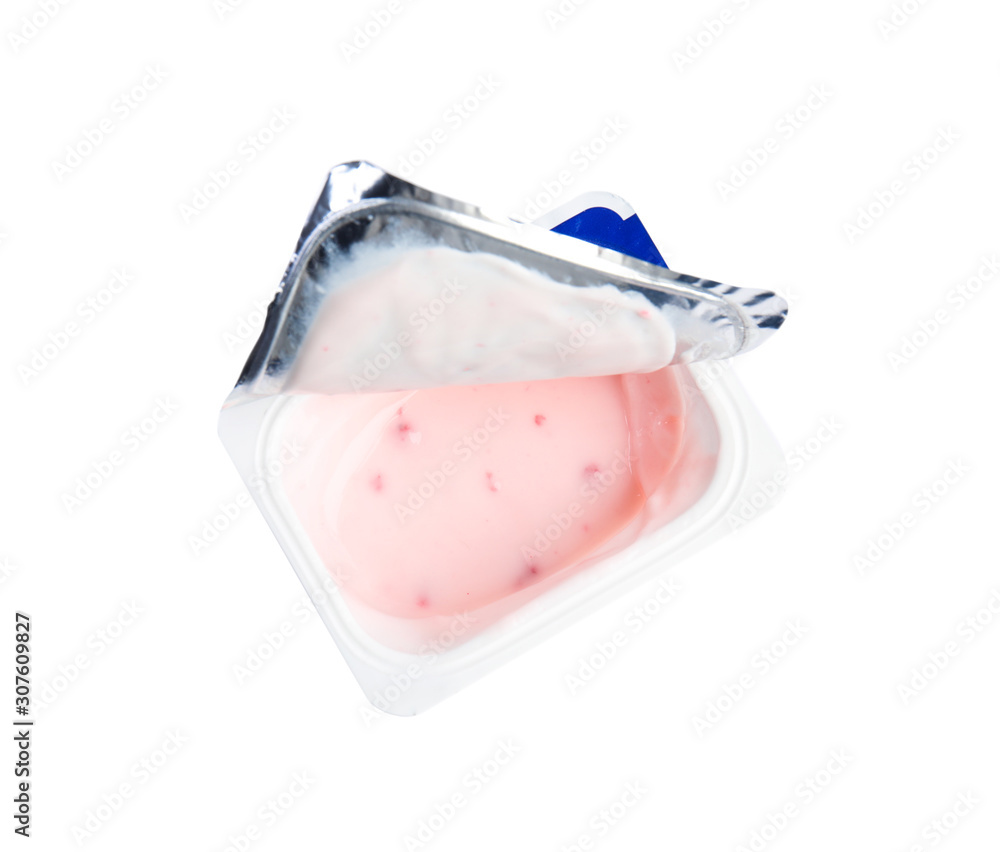 Tasty organic yogurt in plastic cup isolated on white, top view Tasty organic yogurt in plastic cup isolated on white, top view