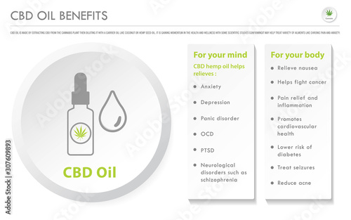 CBD Oil Benefits horizontal business infographic illustration about cannabis as herbal alternative medicine and chemical therapy, healthcare and medical science vector.