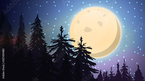 Night landscape with big yellow moon, starry blue sky and tree crowns
