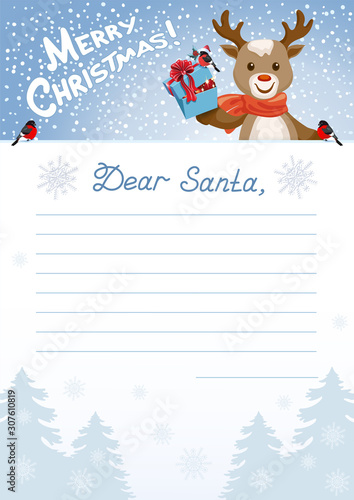 Layout letter to Santa Claus with inscription "Dear Santa" and cartoon Deer with Christmas gift box and bullfinch