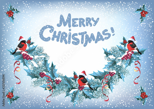 Christmas spruce garland with bullfinch birds and inscription "Merry Christmas"