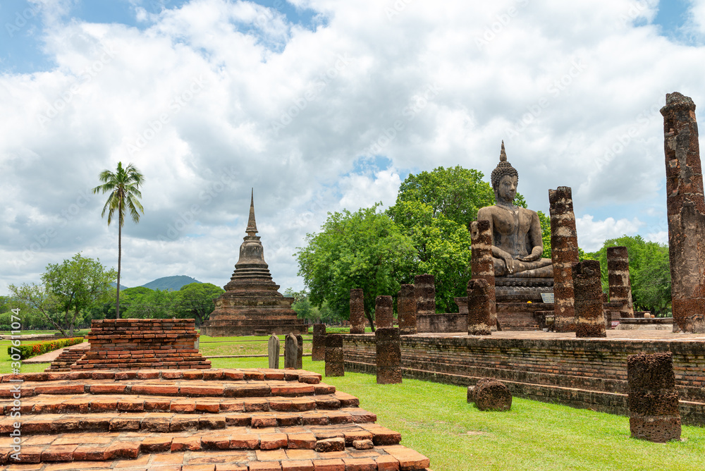 View of Buddha statue in Sukhothai temple, Thailand 2019