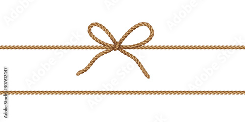 String bow isolated on transparent background. Vector cord, jute or twine rope knot. Brown parcel wrap element template.. photo