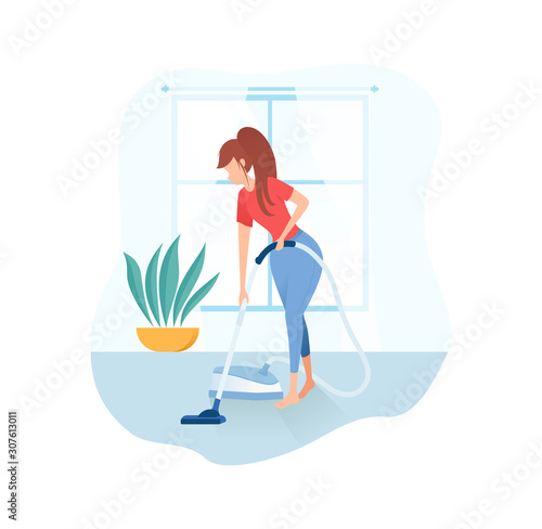 Beautiful woman vacuuming the floor in the room. Housewife is cleaning the house. Vector illustration in modern flat style.