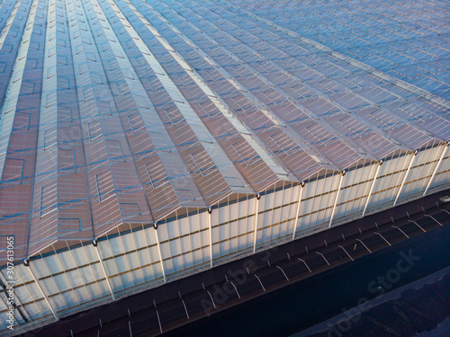 aerial view of a modern agricultural greenhouse in the Netherlands that uses artificial light to support the growth of the plants; Westland, Netherlands