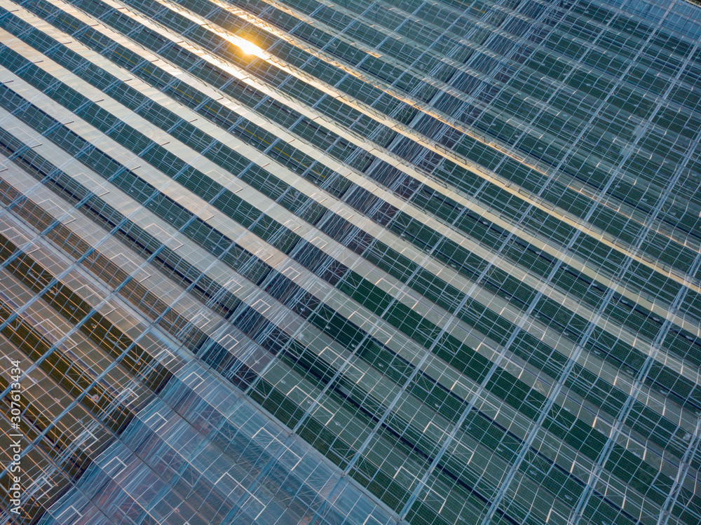 aerial view of a modern agricultural greenhouse in the Netherlands that uses artificial light to support the growth of the plants; Westland, Netherlands aerial view of a modern agricultural greenhouse in the Netherlands that uses artificial light to support the growth of the plants; Westland, Netherlands