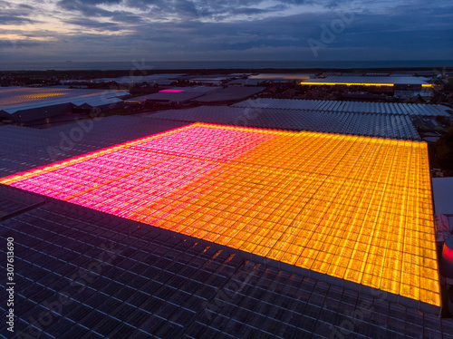 aerial view of a modern agricultural greenhouse in the Netherlands that uses LED lights to support the growth of the plants; Westland, Netherlands