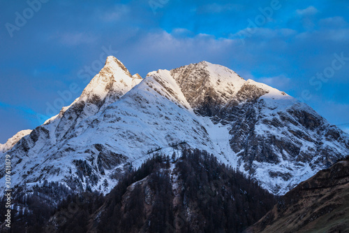 Snowy mountain peaks in alpine ski resort Samnaun in Switzerland  Europe.