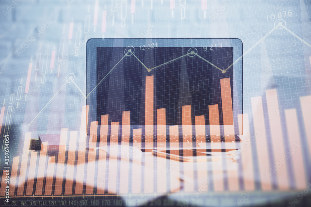 Stock market graph and table with computer background. Multi exposure. Concept of financial analysis. Stock market graph and table with computer background. Multi exposure. Concept of financial analysis.