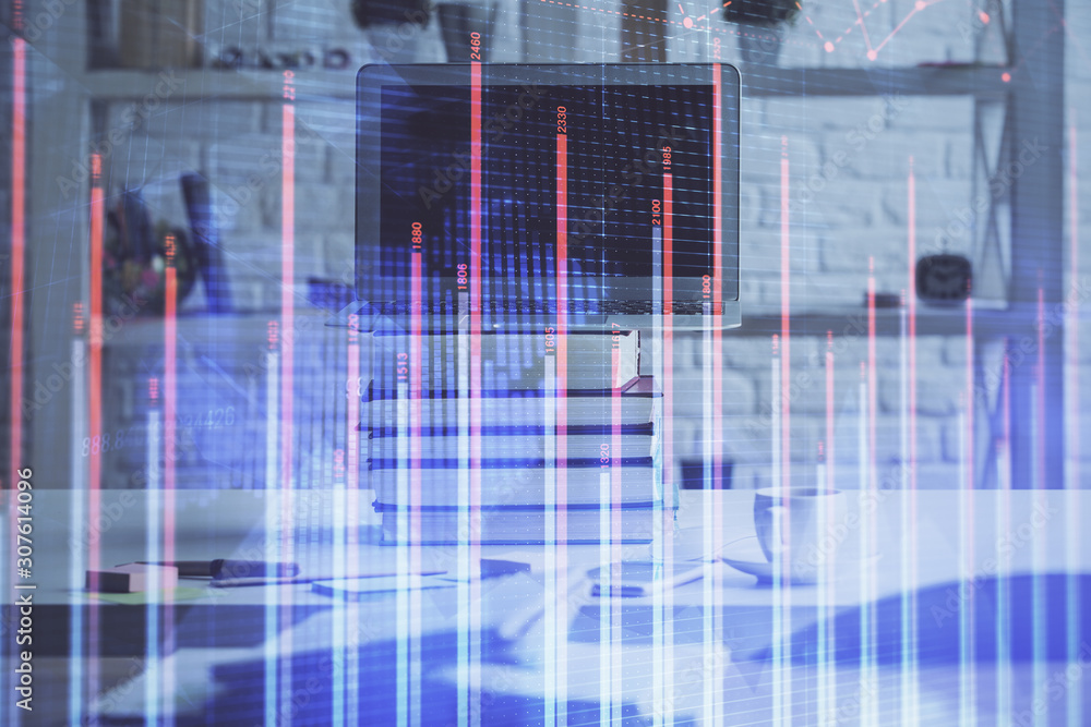 Stock market graph and table with computer background. Multi exposure. Concept of financial analysis. Stock market graph and table with computer background. Multi exposure. Concept of financial analysis.