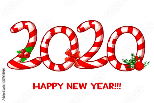 Happy new year 2020 text as candy cane and lollipop on white background. Christmas greeting card.