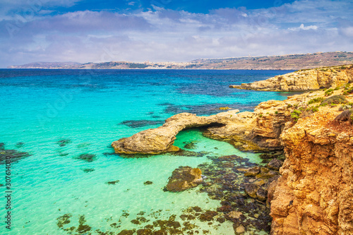 Turquoise lagoon between the islands of Comino and Gozo islands near Malta in the Mediterranean Sea, Europe.