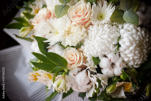 White bouquet of chrysanthemums. Wedding bouquet. Valentine day. Cotton