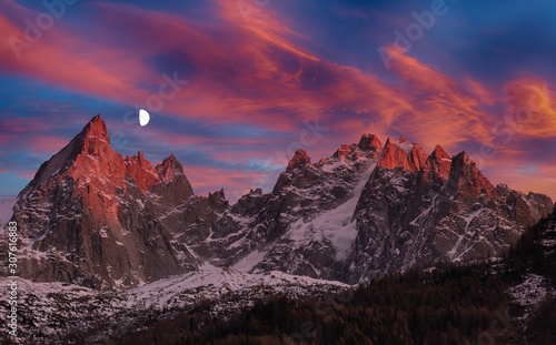 Sunset in French Alps with the moon