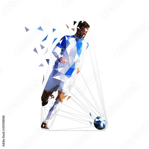Soccer player running with ball, low poly isolated vector illustration. Footballer geometric drawing