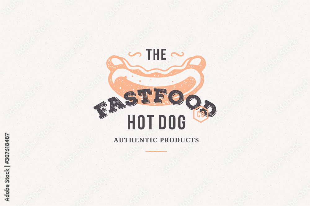 Hand drawn logo hot dog silhouette and modern vintage typography retro style vector illustration.