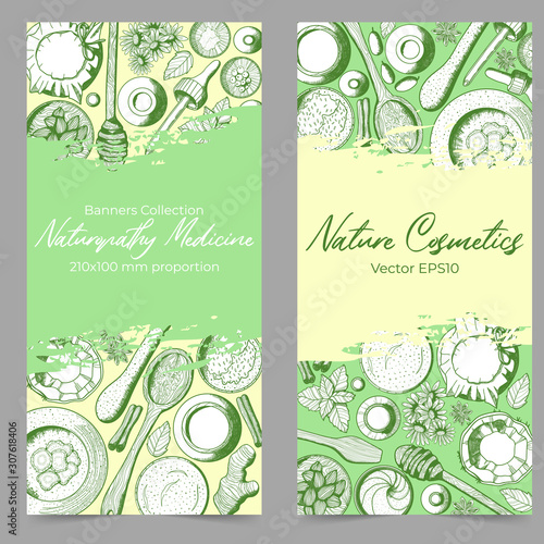 Hand drawn vertical banner template with medicals herbs and kitchen elements in sketch style. Background with mortar with pestle. Best fot home made natural cosmetics or alternative medicine.