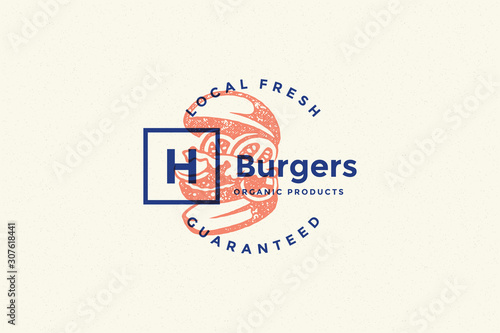 Hand drawn logo burger silhouette and modern vintage typography retro style vector illustration.