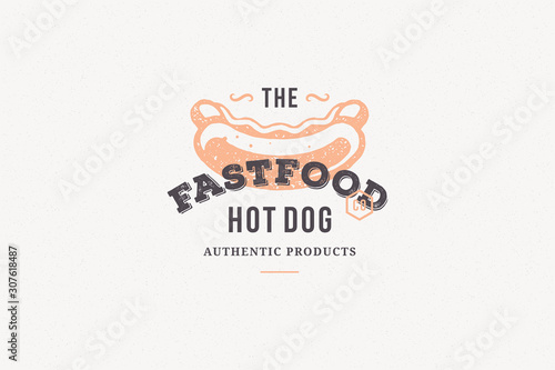 Hand drawn logo hot dog silhouette and modern vintage typography retro style vector illustration.