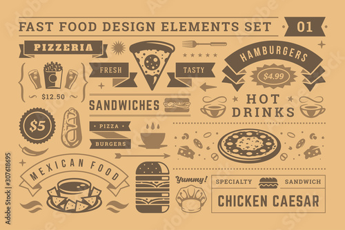 Street and fast food signs and symbols with retro typographic design elements vector set for restaurant menu decoration.