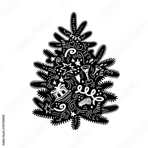  ute cartoon silhouette of Christmas tree in doodle style isolated on white. Black stylized element for create New Year design, Greeting card, clip art, gift seamless package. Vector illustration